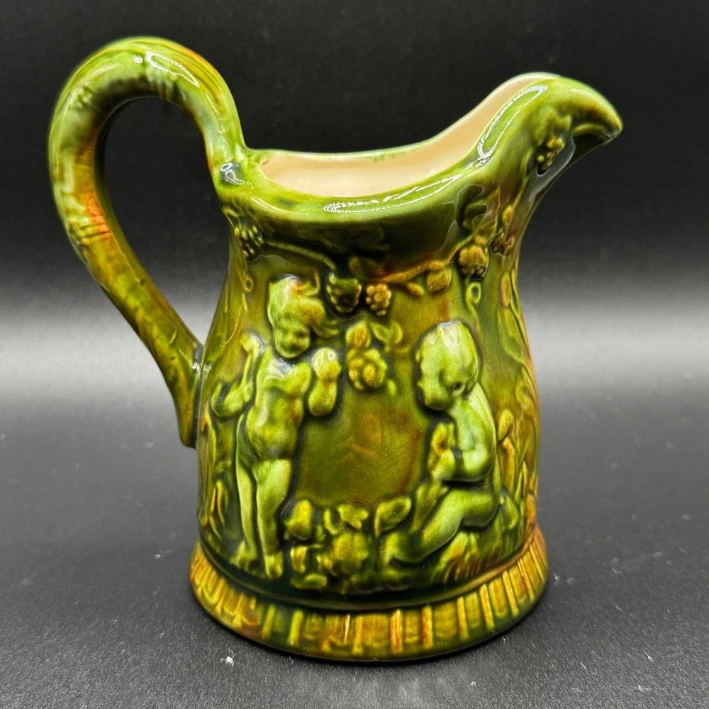 Vintage Norton VA Majolica Cherub Relief Ceramic Pitcher Creamer Jug Cottagecore